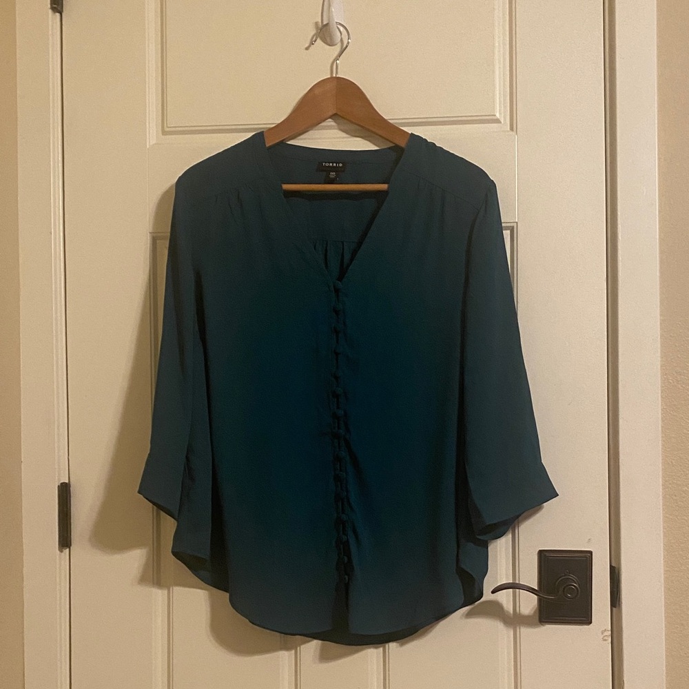 Torrid Dark ForestGreen/Teal Button-Front Blouse - Women’s Top
